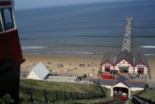 View down the lift to the beach and pier at Saltburn